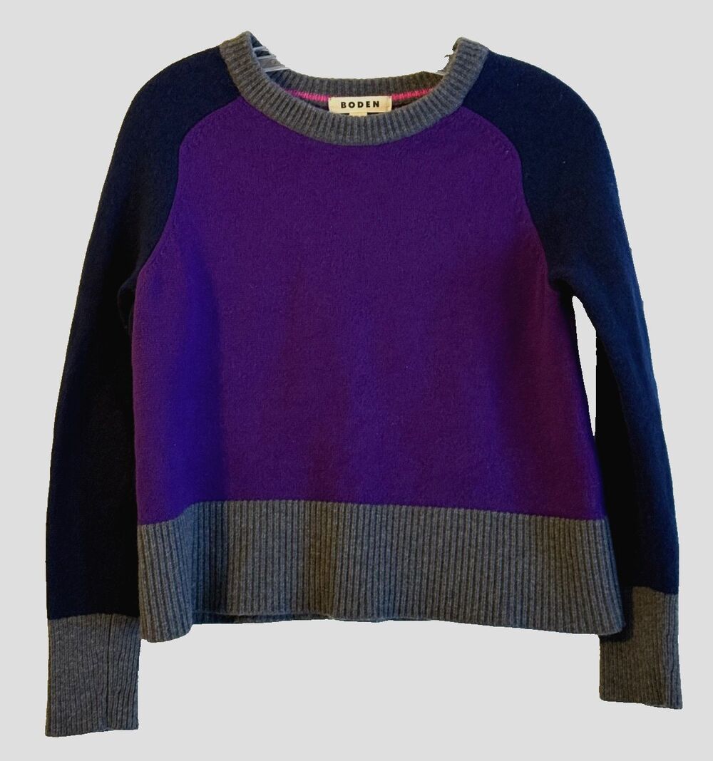 Boden Olivia Color Block Merino Wool Sweater featuring Purple, Navy Blue & Gray